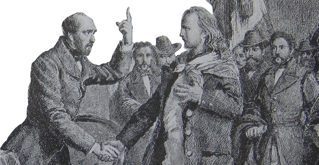 Primo incontro tra Mazzini e Garibaldi stretta di mano tra Mazzini e Garibaldi