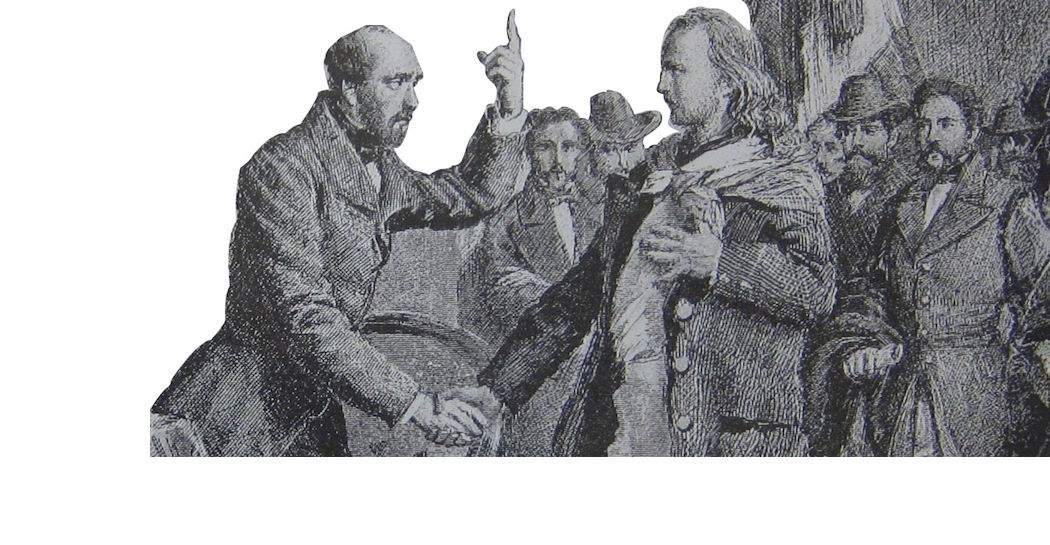 stretta di mano tra Mazzini e Garibaldi
